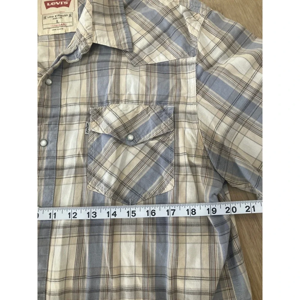 Levis Plaid Snap‎ Button Western Shirt Blue Tan White Long Sleeve Mens L Regular
